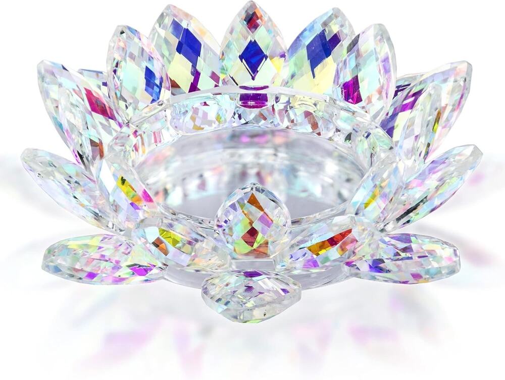 QFkris 7" Iridescent Crystal Lotus Flower Candle Holder AB Glass Votive